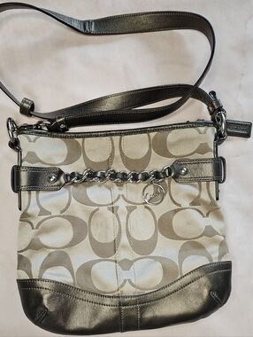 Coach Beige And Metallic Brown Leather Signature Canvas Crossbody w/ Chain Trim
